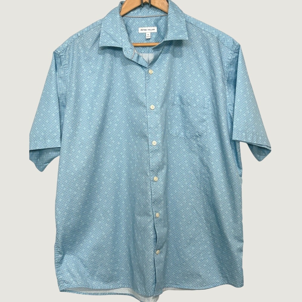 Peter Millar Mens XL Blue Geometric Cross Print Cotton Short Sleeve Button Shirt